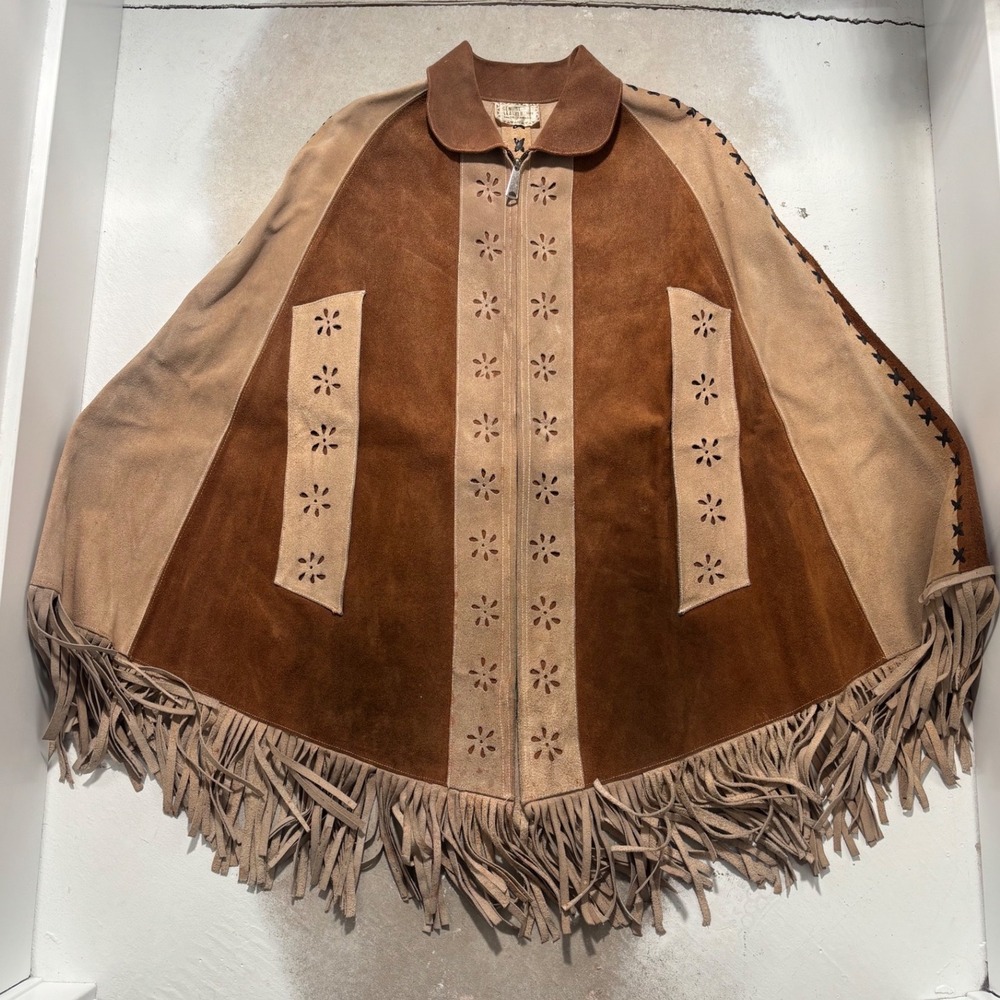 Vintage Suede Leather Fringe Poncho Cape Mexico Floral Cutout Brown Boho M L